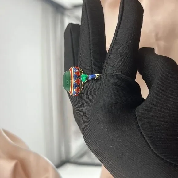 Enamel Ring with Green Stone in Oriental Style - Picture 8 of 10